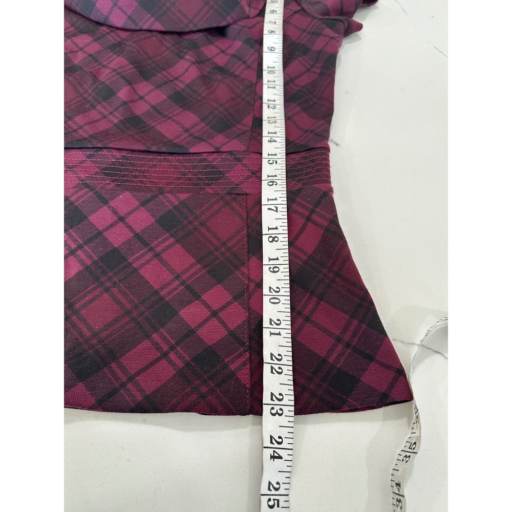 White House Black Market Plaid Cowl Neck Peplum Top Burgundy Black Size 2 - Picture 5 of 5
